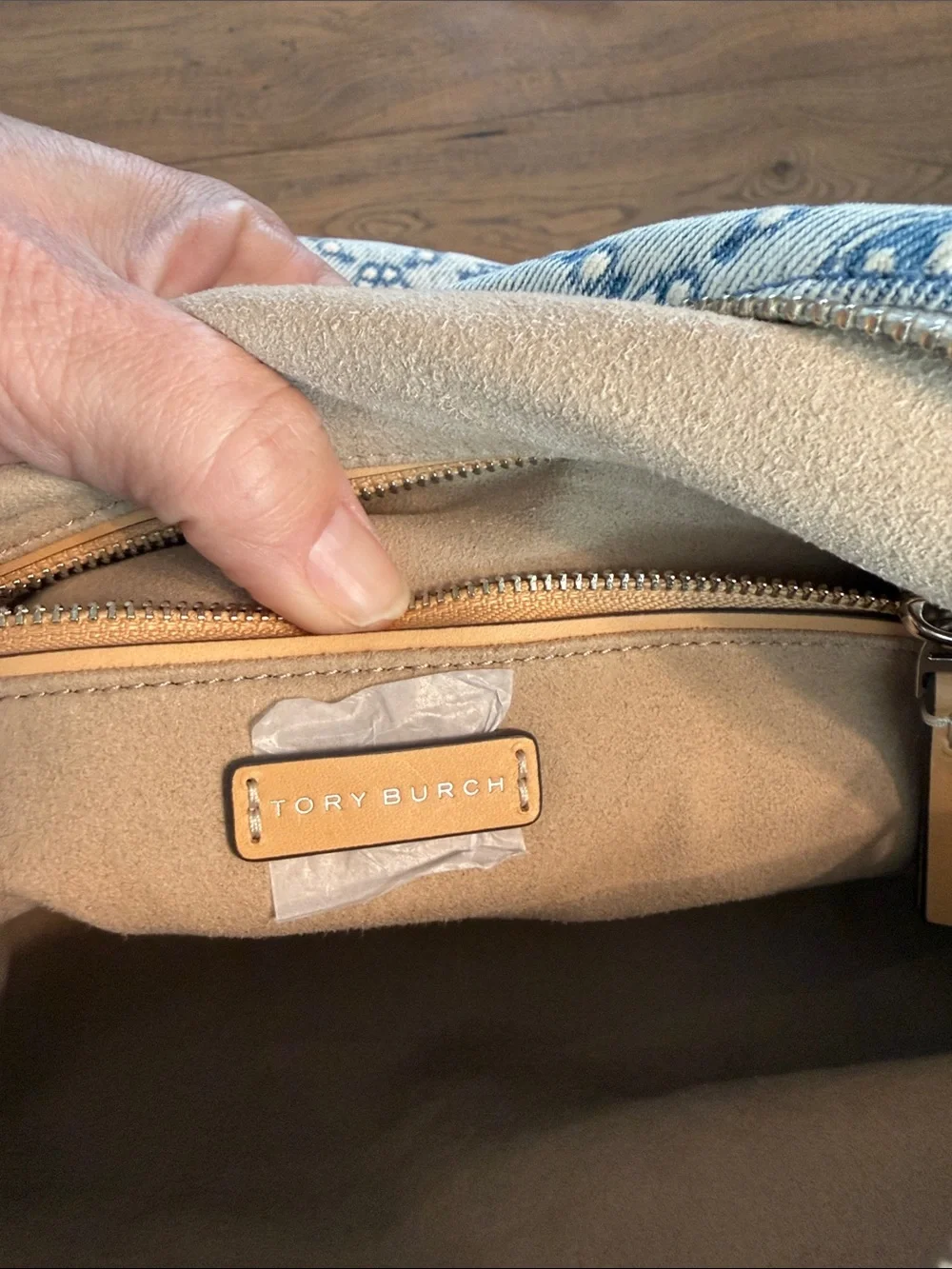 Tory Burch Blue and Cream Large Denim Monogram Shoulder Bag